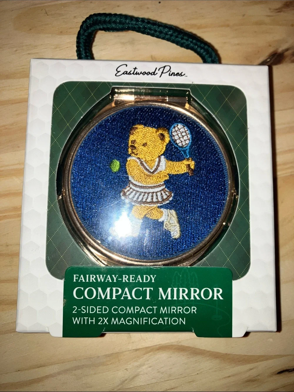 Fairway-Ready Compact Mirror - Blue Embroidered Tennis Bear New